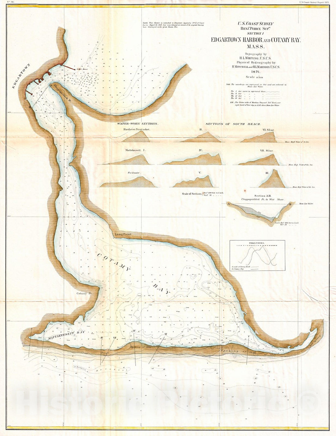 Historic Map : U.S. Coast Survey Map or Chart of Edgartown Harbor, Martha's Vineyard, Massachusetts, 1871, Vintage Wall Art