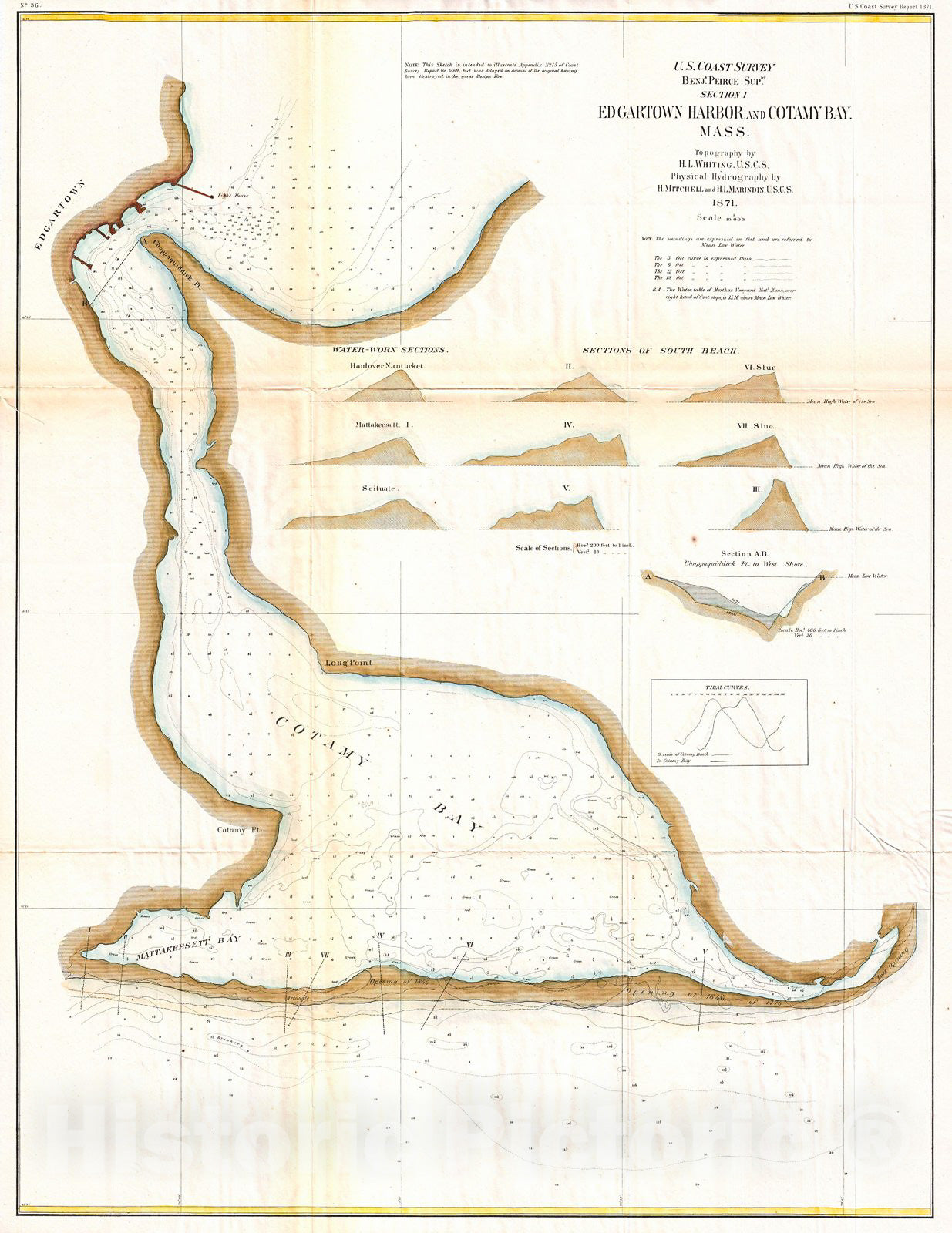 Historic Map : U.S. Coast Survey Map or Chart of Edgartown Harbor, Martha's Vineyard, Massachusetts, 1871, Vintage Wall Art