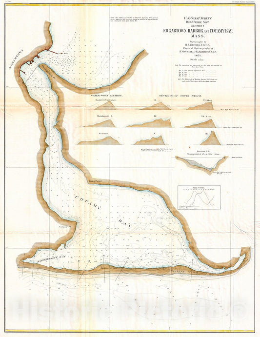 Historic Map : U.S. Coast Survey Map or Chart of Edgartown Harbor, Martha's Vineyard, Massachusetts, 1871, Vintage Wall Art