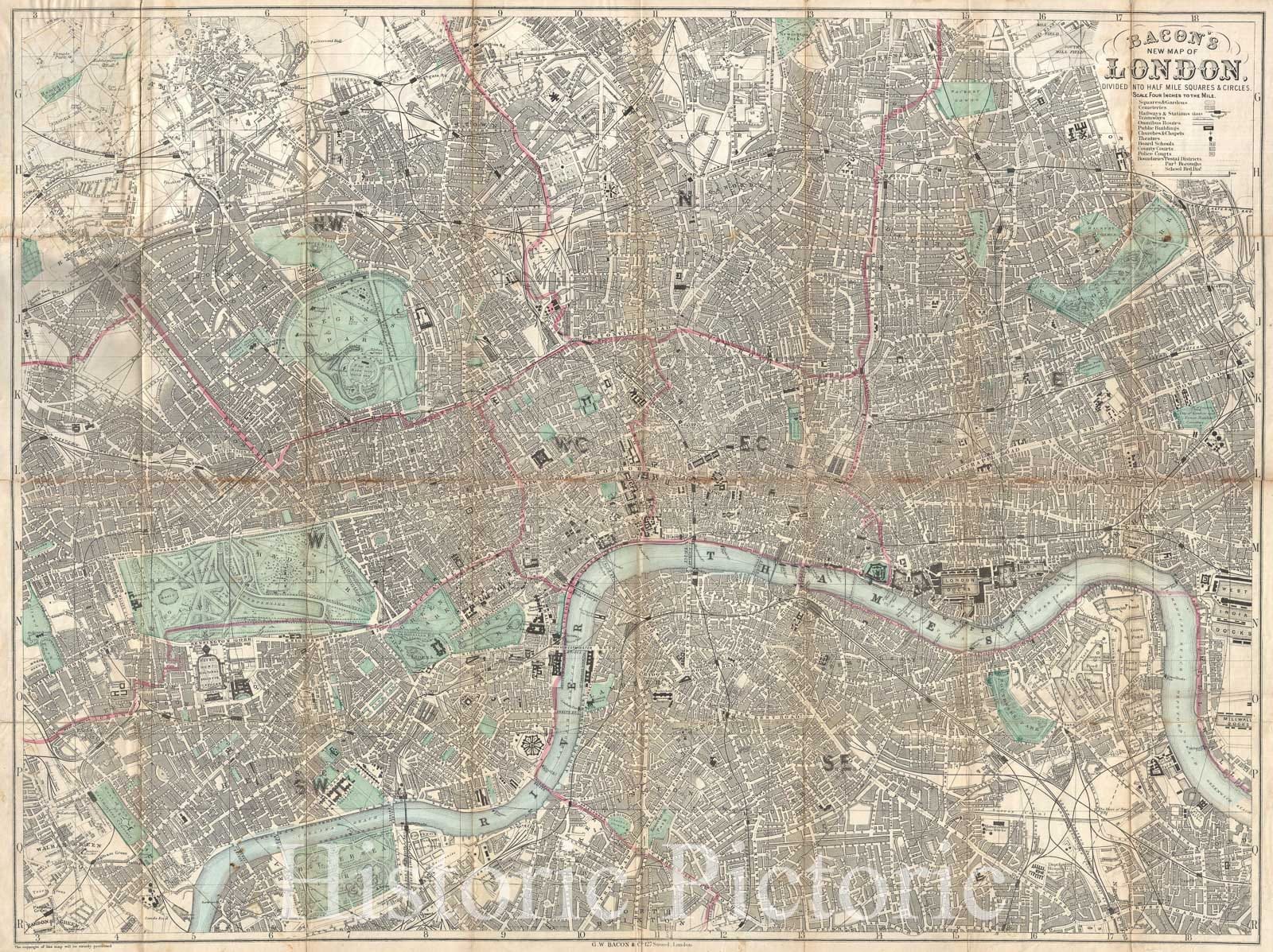 Historic Map : Bacon Traveler's Pocket Map of London, England, 1890, Vintage Wall Art