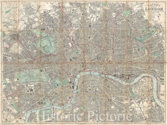 Historic Map : Bacon Traveler's Pocket Map of London, England, 1890, Vintage Wall Art