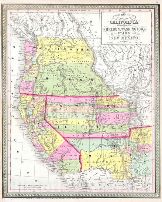 Historic Map : Mitchell Map of California, Oregon, Washington, Utah & New Mexico, 1853, Vintage Wall Art