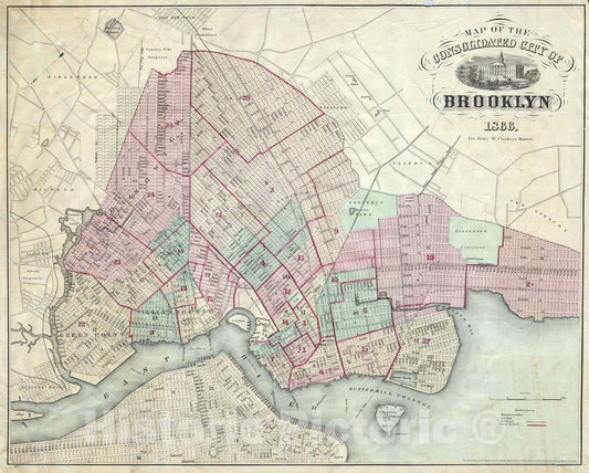 Historic Map : McCloskey's Pocket Map of Brooklyn, New York , 1866, Vintage Wall Art