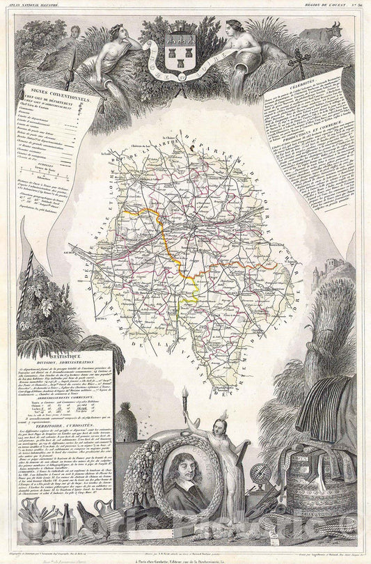 Historic Map : Levasseur Map of The Dept. D'Indre et Loire, France, 1847, Vintage Wall Art