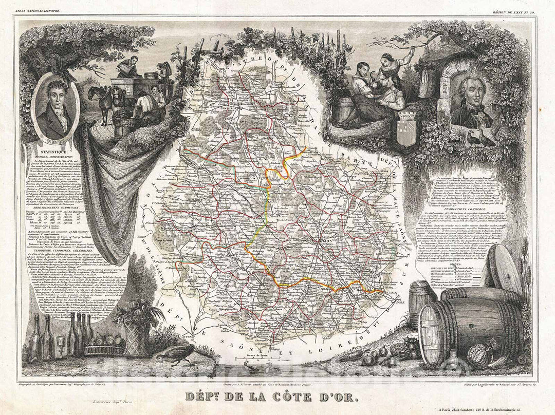 Historic Map : Levasseur Map of The Department Cote Art, France (Burgundy or Bourgogne Wine Region), 1852, Vintage Wall Art