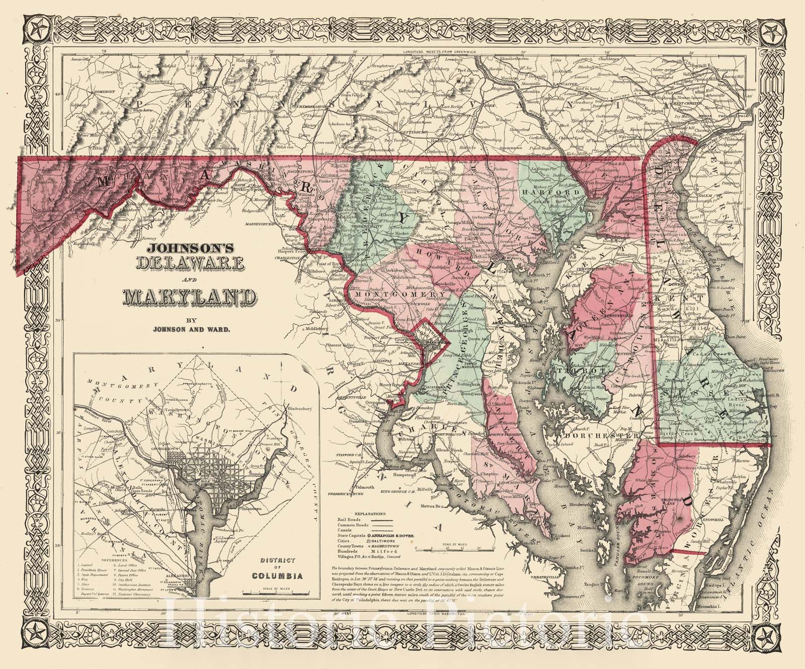 Historic Map : Johnson's Map of Maryland and Delaware , 1864, Vintage Wall Art
