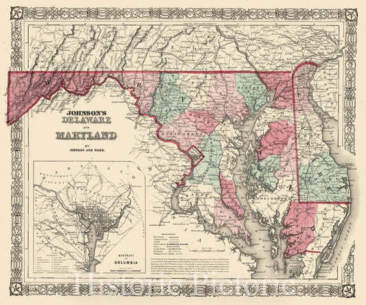 Historic Map : Johnson's Map of Maryland and Delaware , 1864, Vintage Wall Art