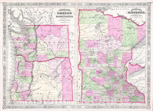 Historic Map : Johnson Map of Washington, Oregon & Minnesota, 1865, Vintage Wall Art