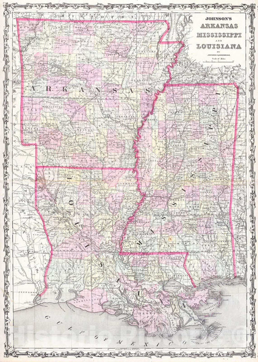 Historic Map : Johnson Map of Mississippi, Louisiana & Arkansas, 1861, Vintage Wall Art