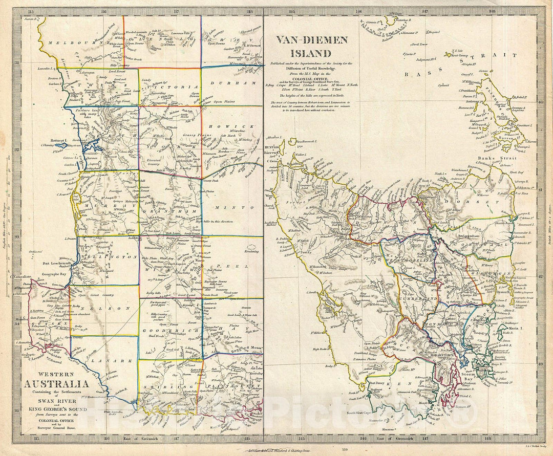 Historic Map : S.D.U.K. Map of Tasmania or Van Diemen's Land and Western Australia , 1849, Vintage Wall Art