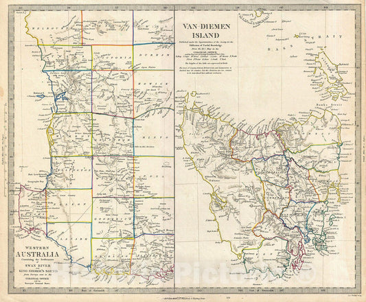 Historic Map : S.D.U.K. Map of Tasmania or Van Diemen's Land and Western Australia , 1849, Vintage Wall Art