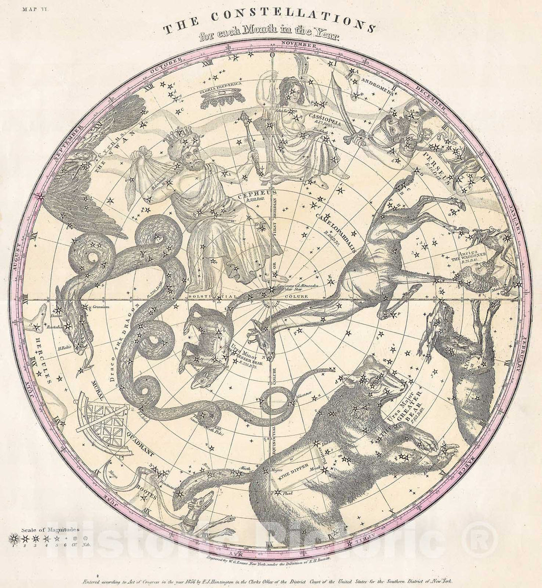 Historic Map : Burritt, Huntington Map of The Stars & Constellations of The Northern Hemisphere, 1856, Vintage Wall Art