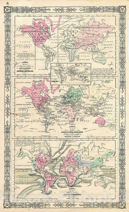 Historic Map : Johnson Map of The World Showing The Animal Kingdom, Industries, and Currents, 1864, Vintage Wall Art