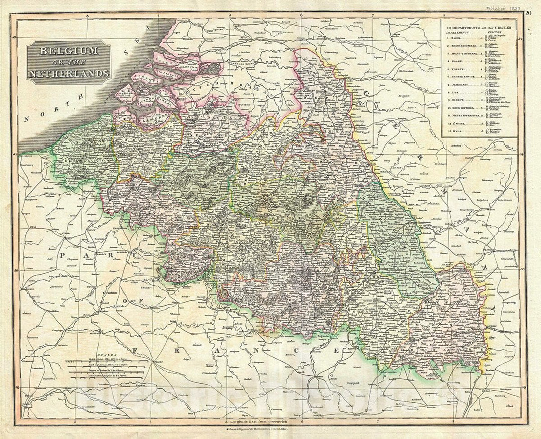 Historic Map : Thomson Map of Belgium and Luxemboug, 1817, Vintage Wall Art