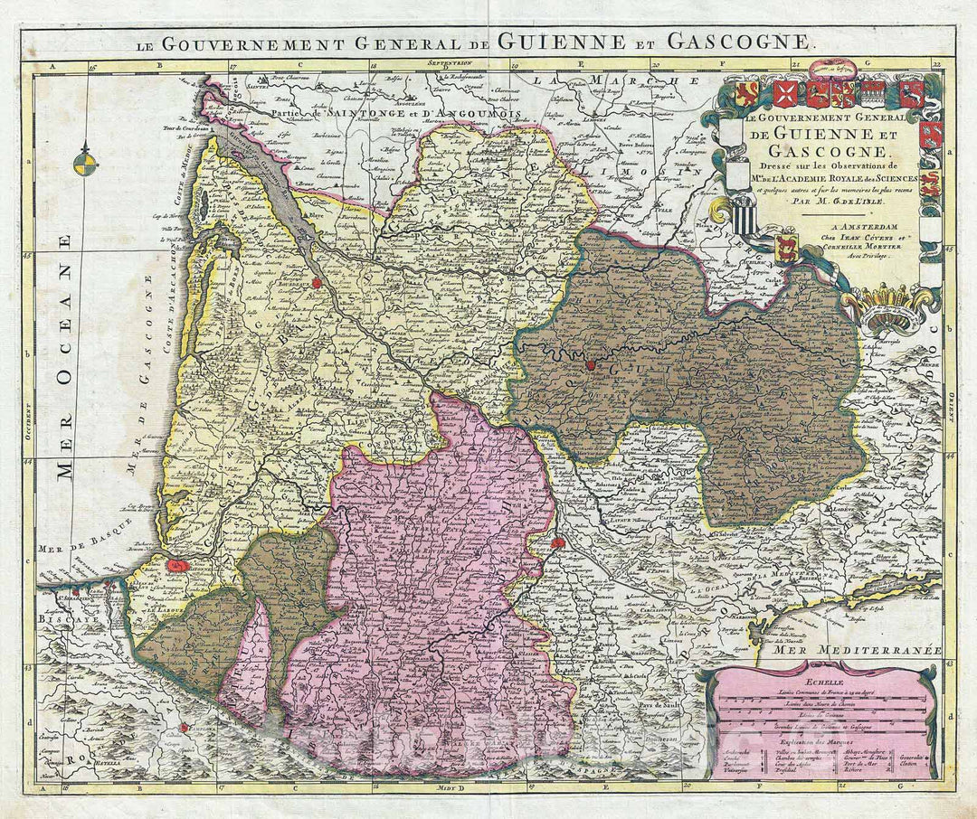 Historic Map : Covens and Mortier Map of The Bordeaux Wine Region (Gironde, Gascogne, Guienne), 1742, Vintage Wall Art