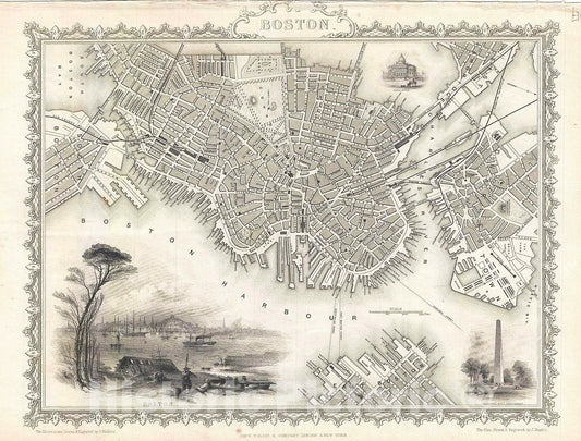 Historic Map : John Tallis Map of Boston, Massachusetts, 1851, Vintage Wall Art