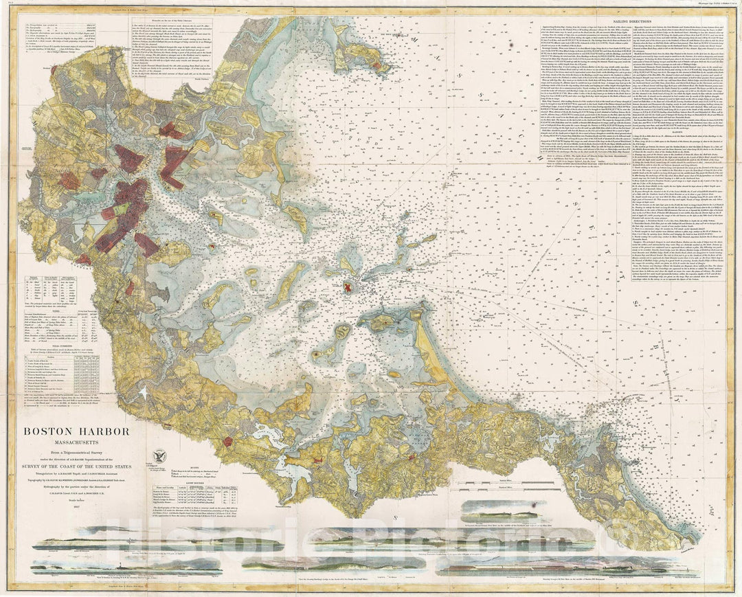 Historic Map : U.S. Coast Survey Chart or Map of Boston Bay and Harbor, Massachusetts, 1867, Vintage Wall Art