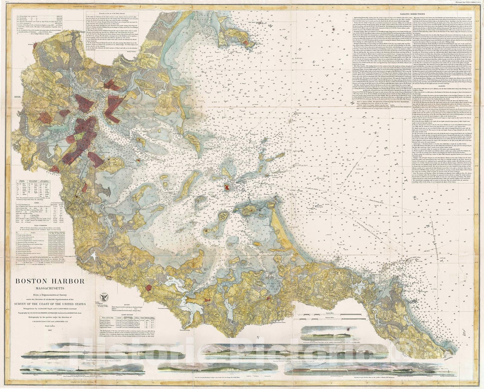 Historic Map : U.S. Coast Survey Chart or Map of Boston Bay and Harbor, Massachusetts, 1867, Vintage Wall Art