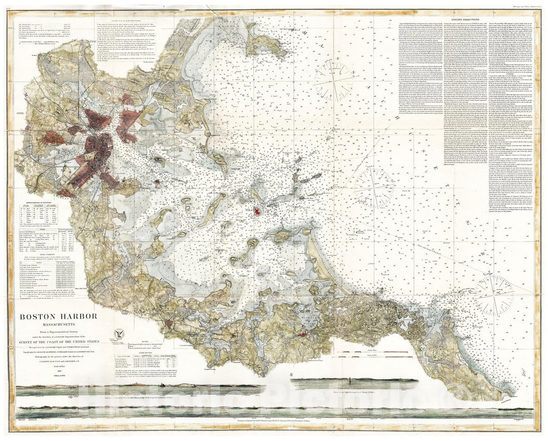 Historic Map : U.S. Coast Survey Chart or Map of Boston Bay and Harbor, Massachusetts, 1872, Vintage Wall Art