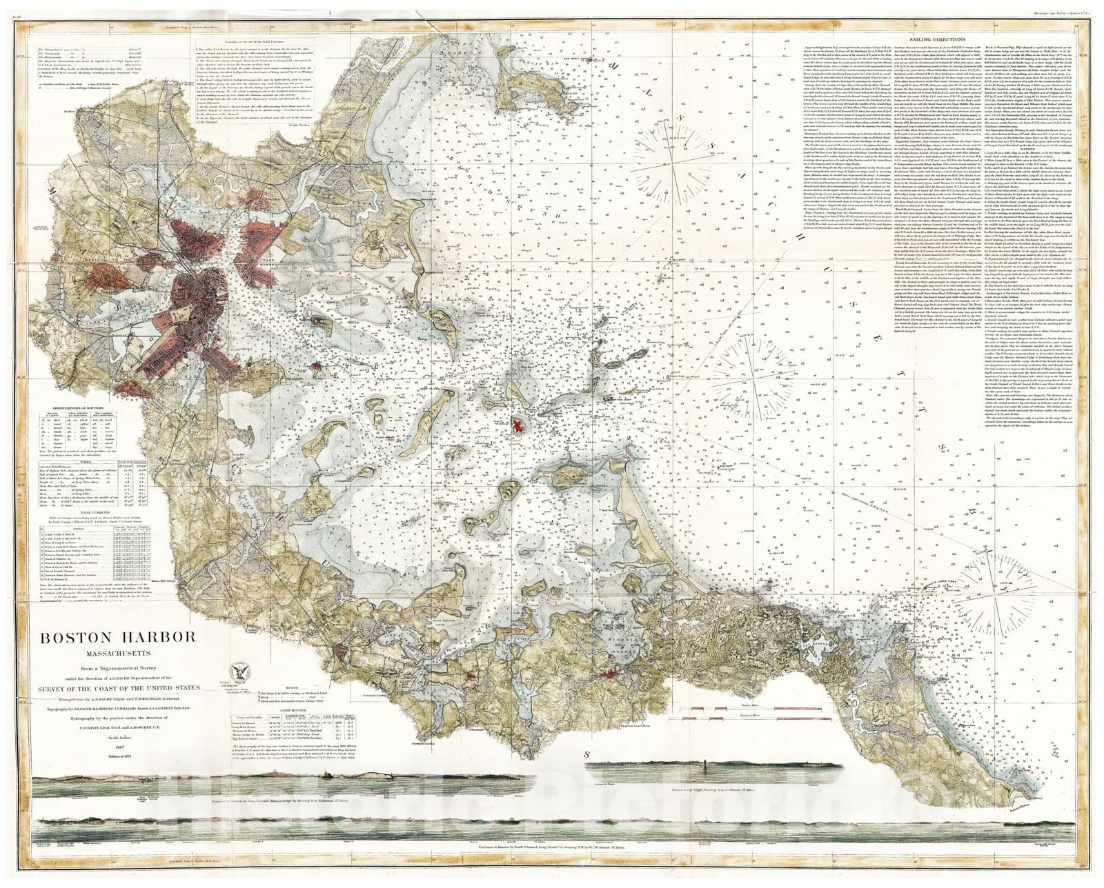 Historic Map : U.S. Coast Survey Chart or Map of Boston Bay and Harbor, Massachusetts, 1872, Vintage Wall Art