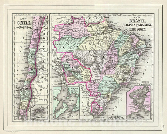 Historic Map : Bradley Map of Chile, Brazil, Bolivia, Paraguay and Uruguay, 1887, Vintage Wall Art