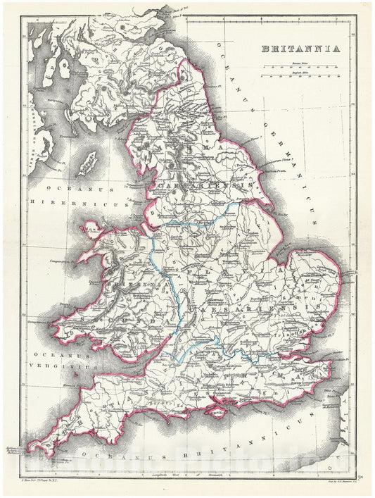 Historic Map : Hughes Map of England in Ancient Roman Times, 1867, Vintage Wall Art