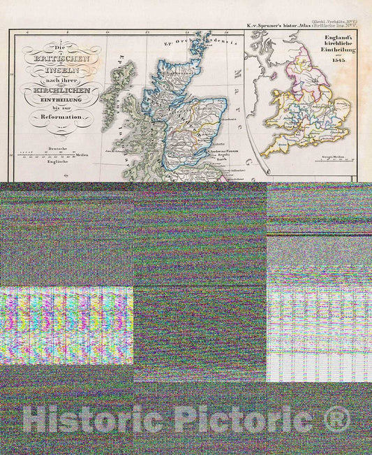 Historic Map : Spruner Map of The British Isles with ecclesiastical divisions, 1854, Vintage Wall Art
