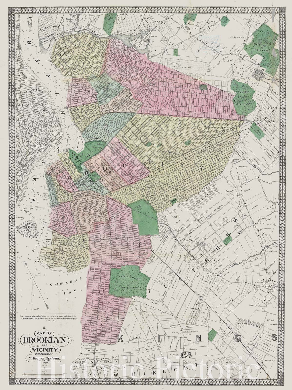 Historic Map : Dripps Map of Brooklyn, New York, 1862, Vintage Wall Art