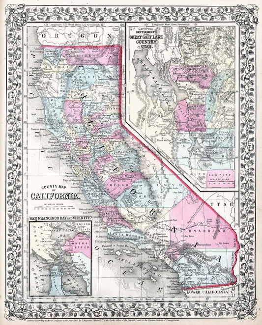 Historic Map : Mitchell Map of California, 1867, Vintage Wall Art