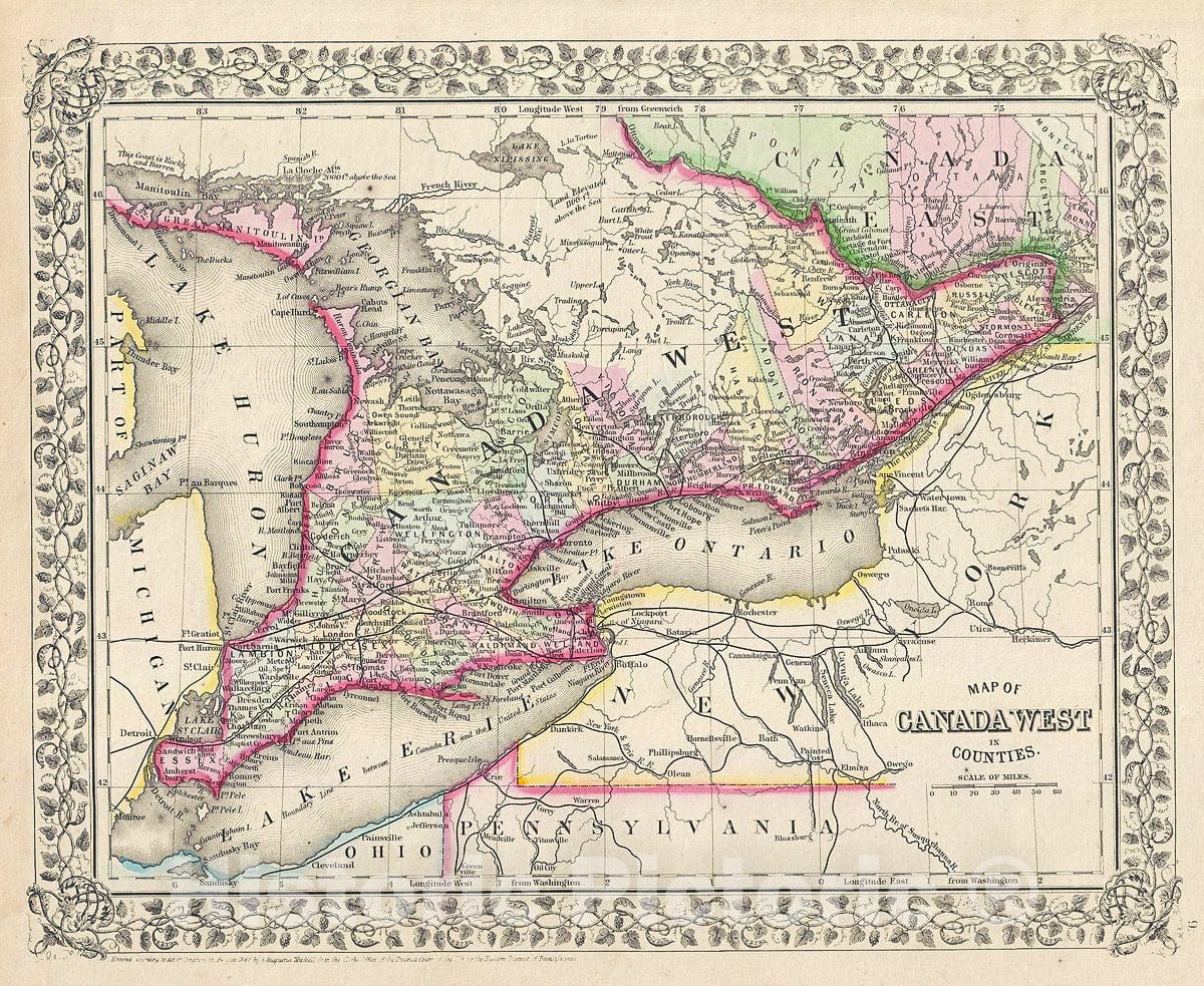 Historic Map : Mitchell Map of Ontario, Canada, 1868, Vintage Wall Art