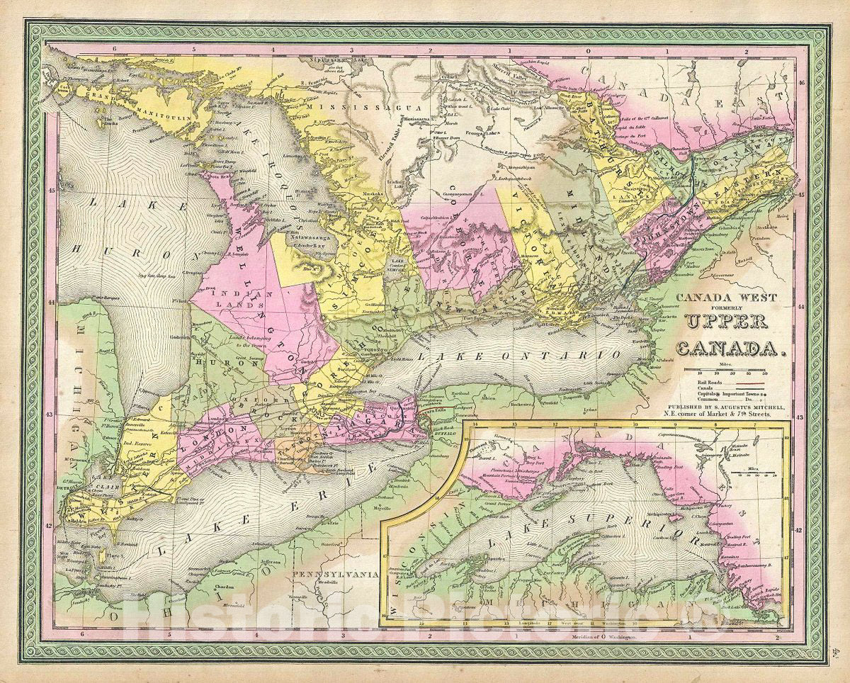 Historic Map : Mitchell Map of Ontario, Upper Canada or Canada West, 1849, Vintage Wall Art