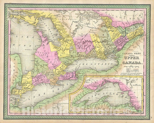 Historic Map : Mitchell Map of Ontario, Upper Canada or Canada West, 1849, Vintage Wall Art
