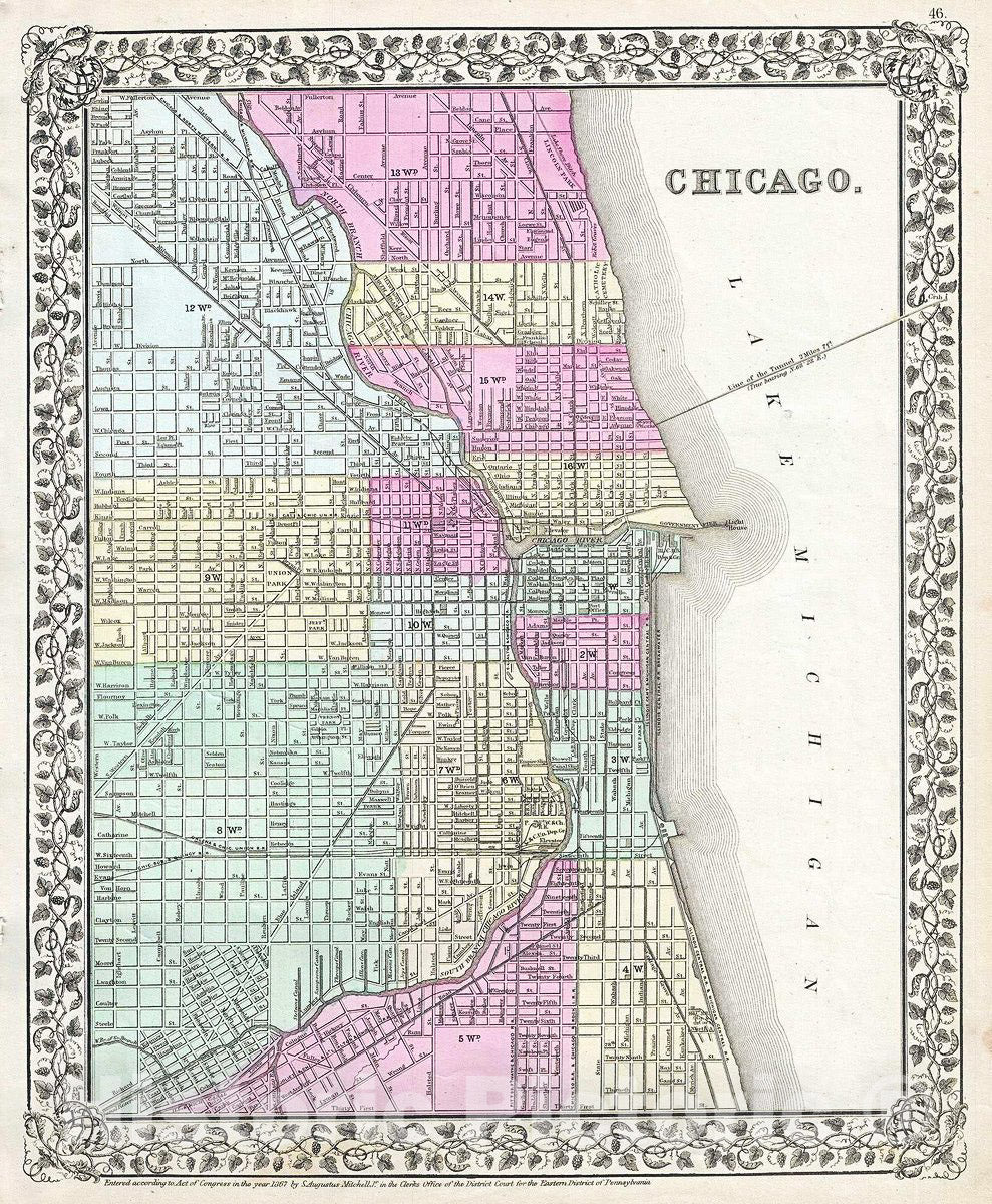 Historic Map : Mitchell Plan or Map of Chicago, Illinois, 1867, Vintage Wall Art