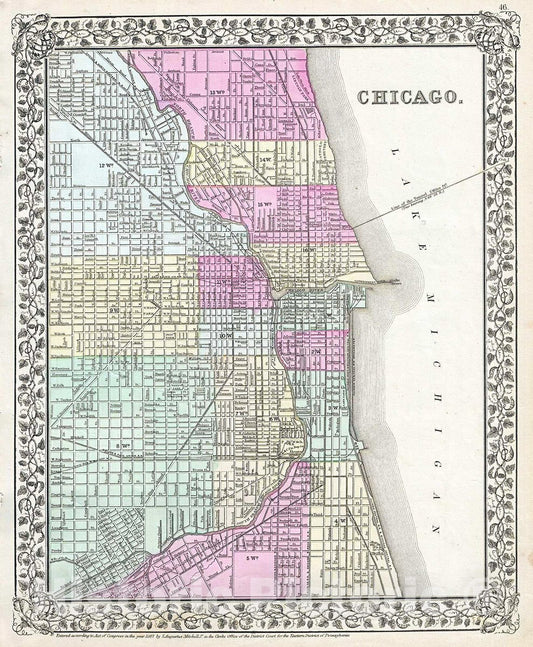 Historic Map : Mitchell Plan or Map of Chicago, Illinois, 1867, Vintage Wall Art