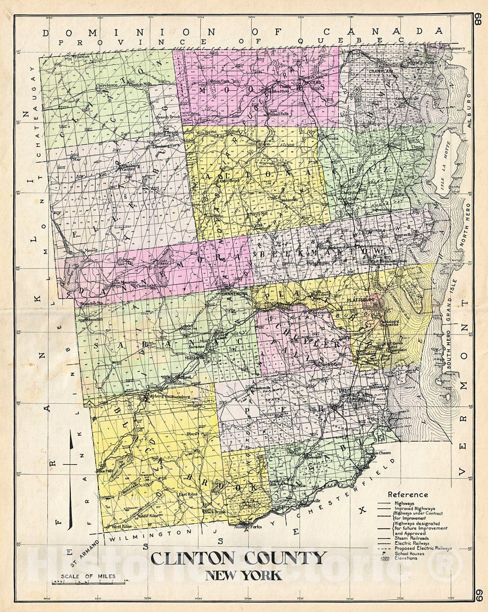Historic Map : Century Map of Clinton County, New York, 1912, Vintage Wall Art