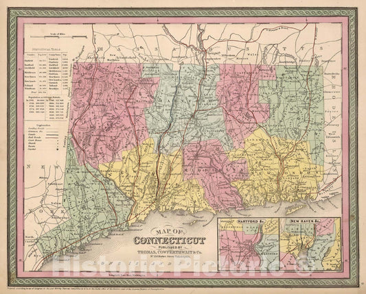 Historic Map : Mitchell Map of Connecticut, 1854, Vintage Wall Art