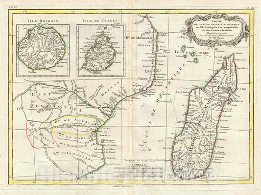 Historic Map : Bonne Map of East Africa, Madagascar, Isle Bourbon and Mauritius (Mozambique), Version 2, 1778, Vintage Wall Art