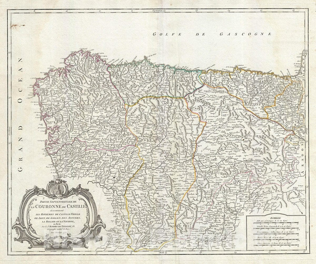 Historic Map : Vaugondy Map of Northwest Spain (Old Castile, Leon, Galicia, Biscay, Navarre), 1752, Vintage Wall Art