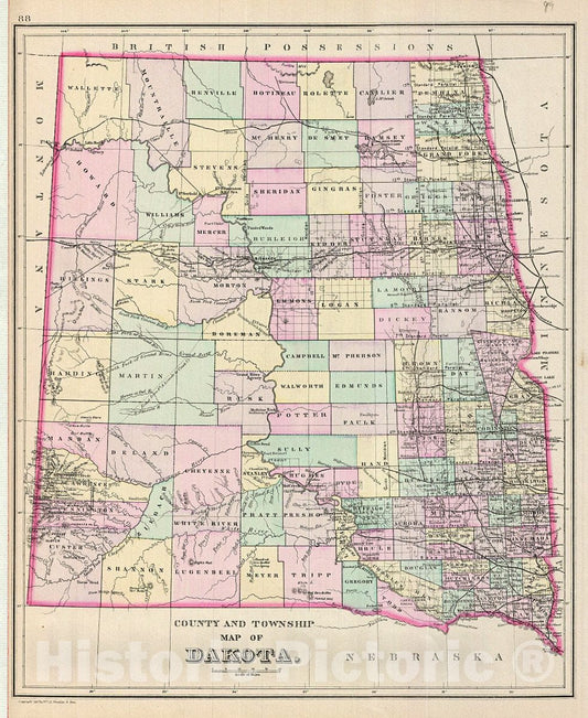 Historic Map : Bradley Map of Dakota, 1887, Vintage Wall Art