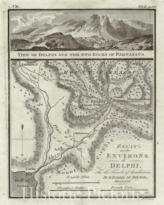 Historic Map : Bocage Map or Plan of Delhpi, Ancient Greece, 1787, Vintage Wall Art