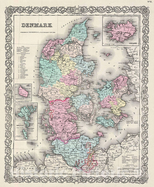 Historic Map : Colton Map of Denmark, 1856, Vintage Wall Art