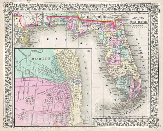 Historic Map : Mitchell Map of Florida (w/Mobile, Alabama Inset), 1867, Vintage Wall Art