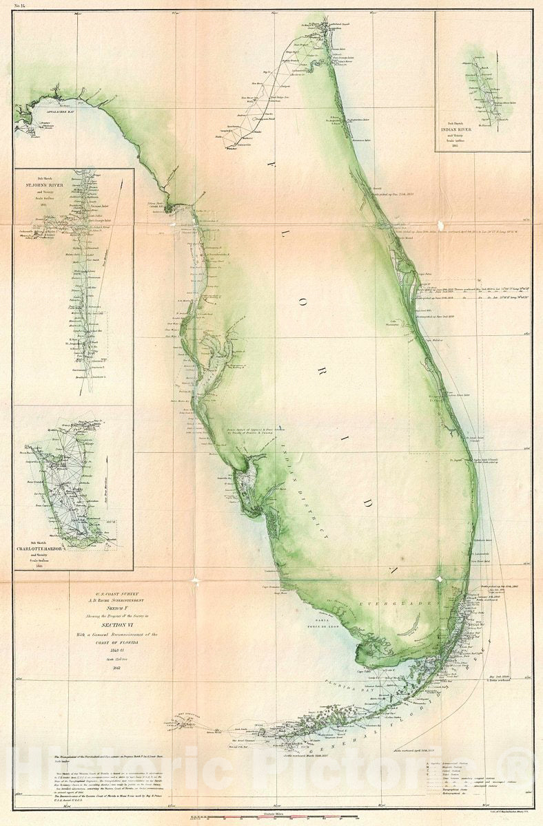 Historic Map : U. S. Coast Survey Chart or Map of Florida, Version 2, 1861, Vintage Wall Art