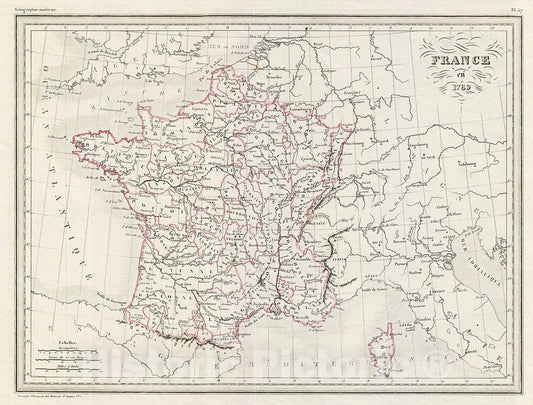 Historic Map : MalteBrun Map of France in 1789, 1843, Vintage Wall Art