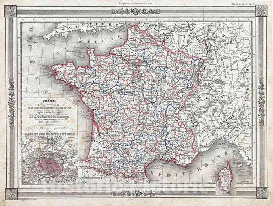 Historic Map : Bocage Map of France in Departments, 1852, Vintage Wall Art