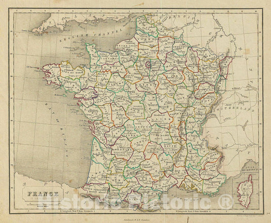 Historic Map : Chambers Map of France in Departments, 1845, Vintage Wall Art