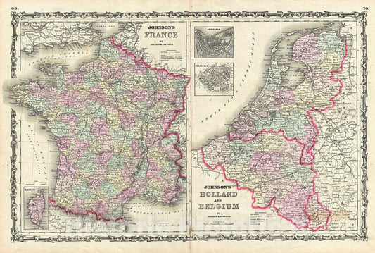 Historic Map : Johnson Map of France, Holland and Bellgium, 1861, Vintage Wall Art