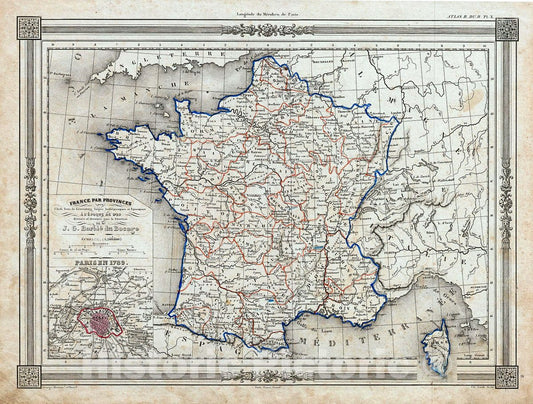 Historic Map : Bocage Map of France in Provinces, 1852, Vintage Wall Art