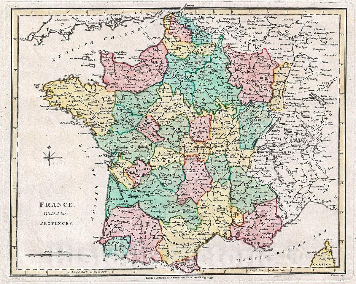 Historic Map : Wilkinson Map of France in Provinces, 1793, Vintage Wall Art