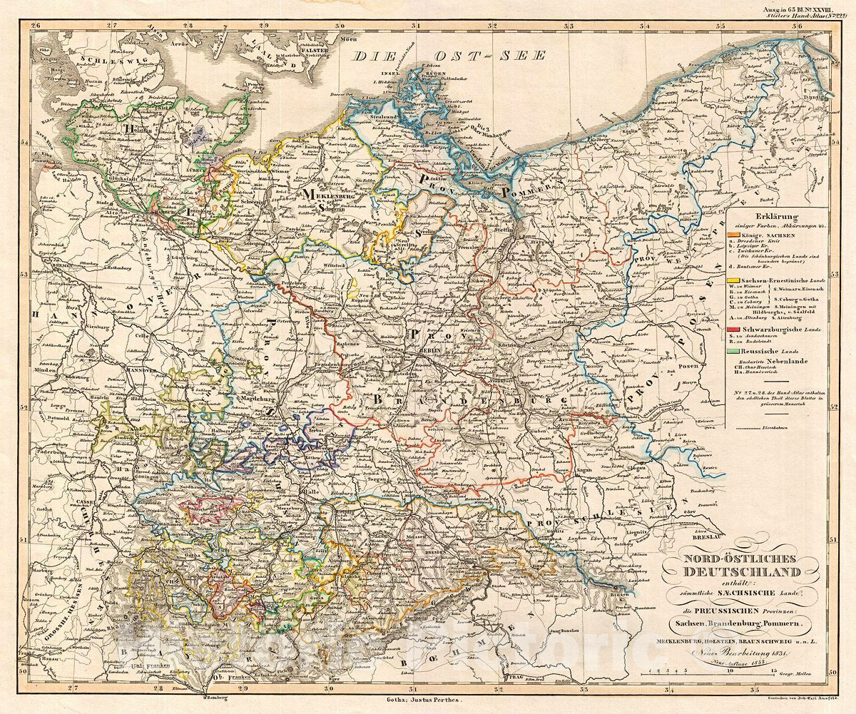 Historic Map : Perthes Map of Northeast Germany and Prussia, 1852, Vintage Wall Art